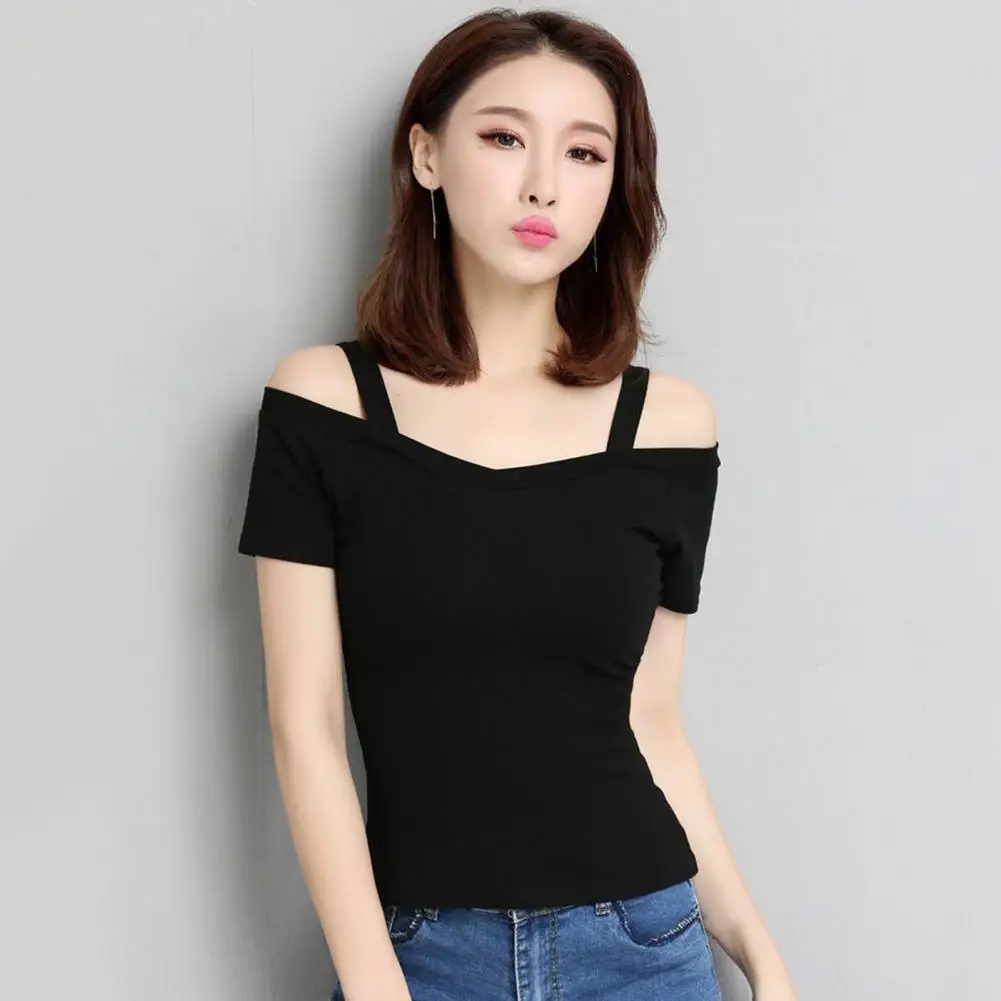 Camiseta con hombros descubiertos para mujer, camiseta Sexy de manga corta con Espalda descubierta, camiseta elástica informal para mujer, blusa ajustada para mujer