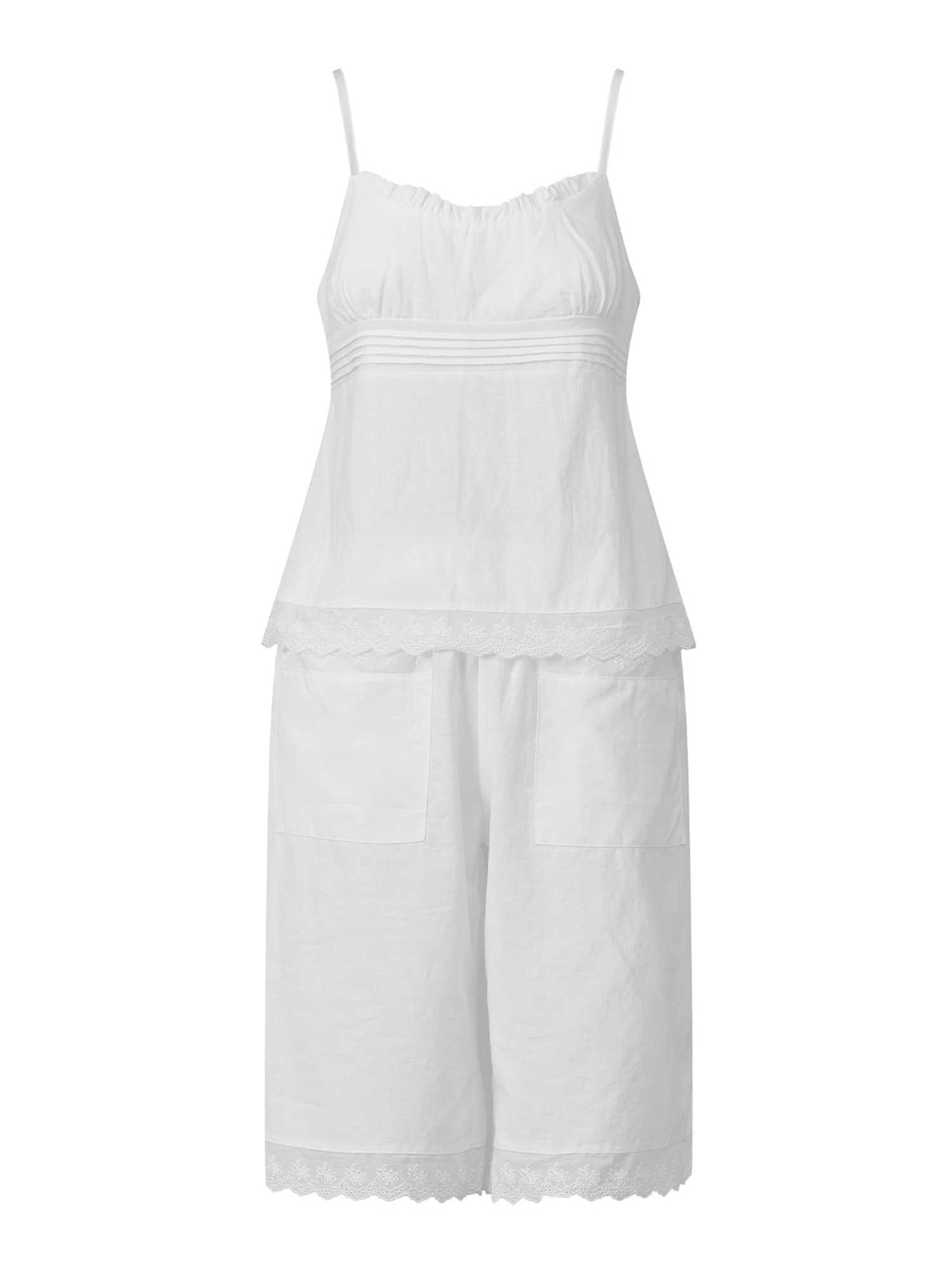 Pigiama da donna in 2 pezzi con top a canotta con finiture in pizzo e pantaloncini, completo da casa senza maniche per abiti da notte