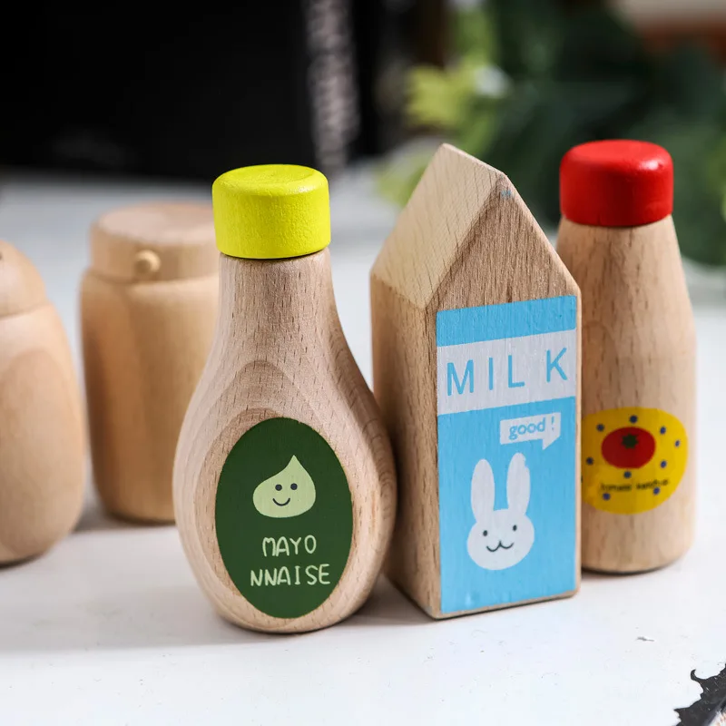 1Pcs Montessori Kitchen Toys Wooden Kitchen Play House Simulation Play House Condiment Bottles Educational Toy for Children Gift