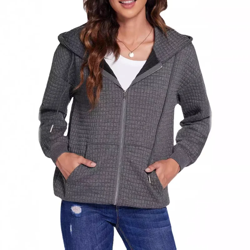 Felpa pullover con cappuccio da donna nuovo stile primavera e autunno cappotto cardigan allentato con cerniera scozzese a maniche lunghe con spalle scoperte