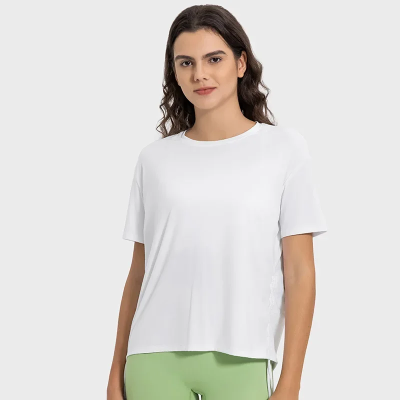 New breathable quick drying drawstring with pleats, loose and comfortable round neck, outdoor sports short sleeved shirt image 5