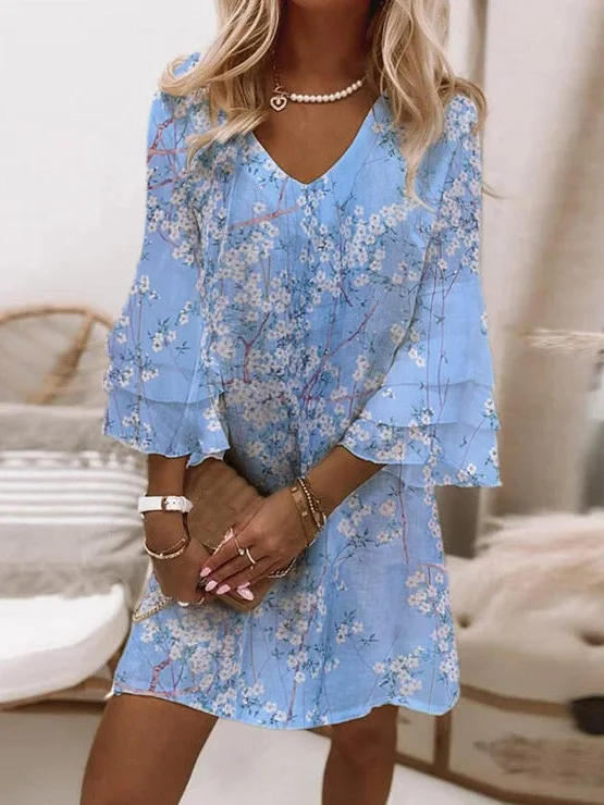 Abito estivo con stampa in marmo Donna Elegante scollo a V Manica svasata a 3/4 Mini abito al ginocchio Donna A-Line Boho Abiti da spiaggia Abiti