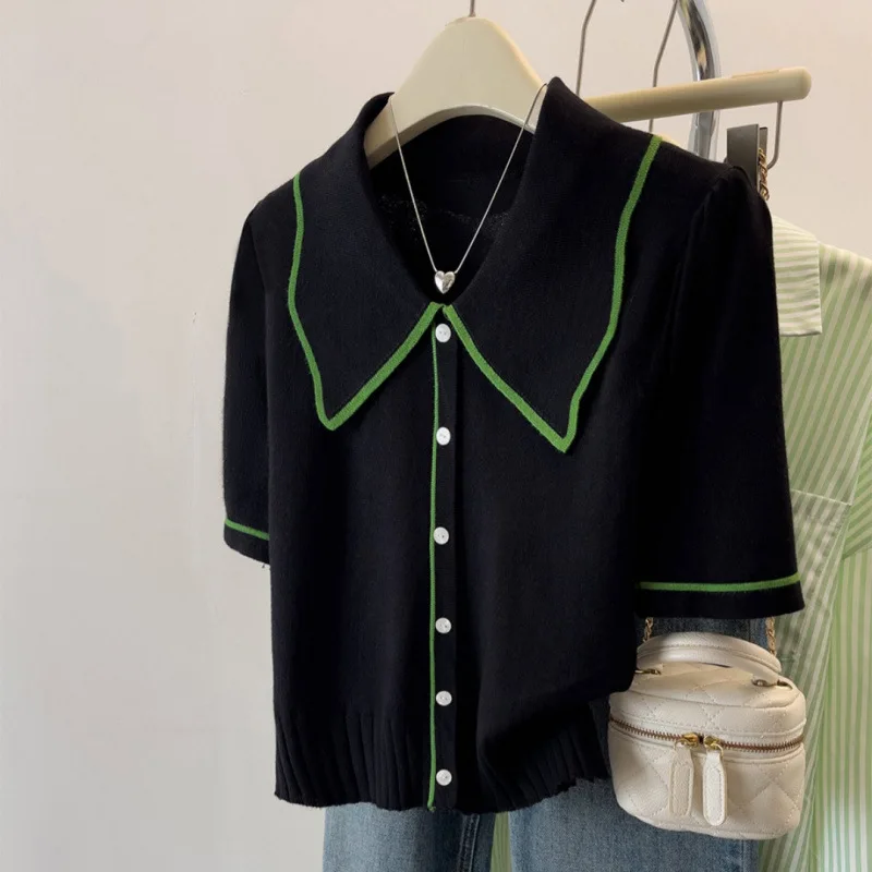 Women's Clothing French Style Vintage Cardigan Summer Loose Casual Knit Sleeve Short Tees Lady Large Size Turn-down Collar Tops