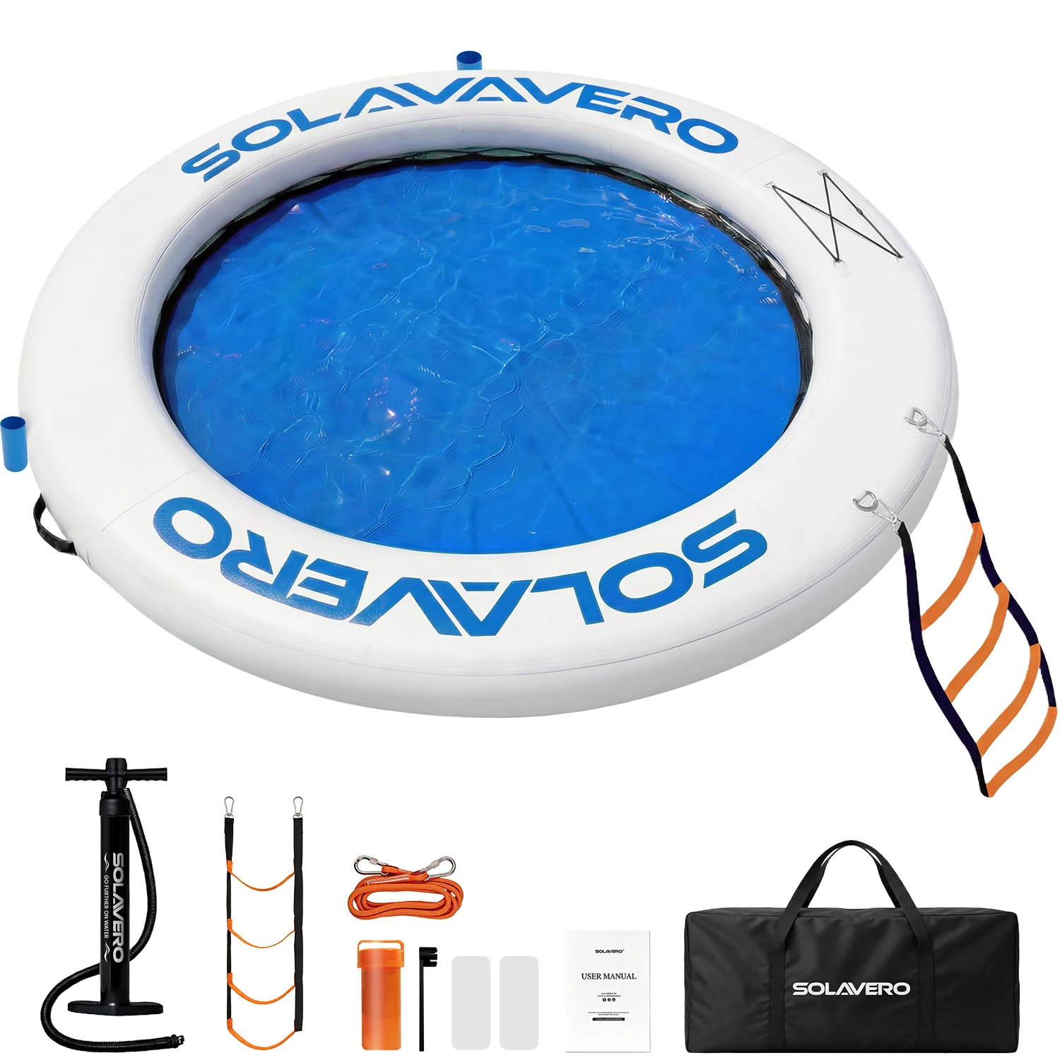8FT Round Inflatable Water Floating Platform, 3-4 Person Inflatable Swim Raft with Comfortable Center Mesh, Non-Slip Ladder, Cup Holders, Pump, Repair Kit, Carry Bag & Anchor Rope, 660LBS Load Capacity, for Pool, Lake, Beach & Yacht, 2 Colors Available