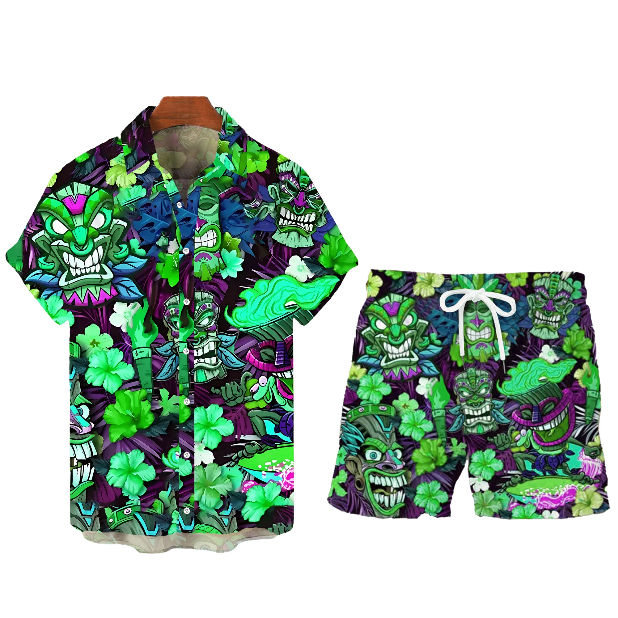 Summe Aloha Shirts Men\'s Button-down Hawaiian Shirt Set Beach Shirt and Shorts Floral Casual Suit Daily Holiday Print Totem