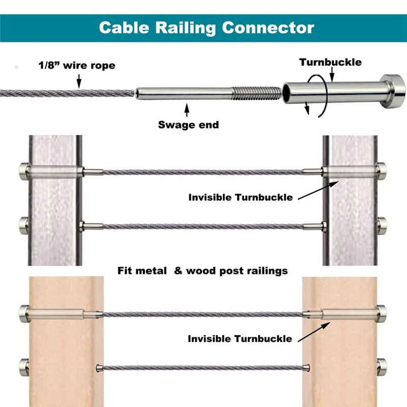AB47-10 Pairs 4X4in Invisible Cable Railing Kit, 1/8In Invisible Receiver And Swage Stud End For 2X2in,4X4in Wood/Metal Posts