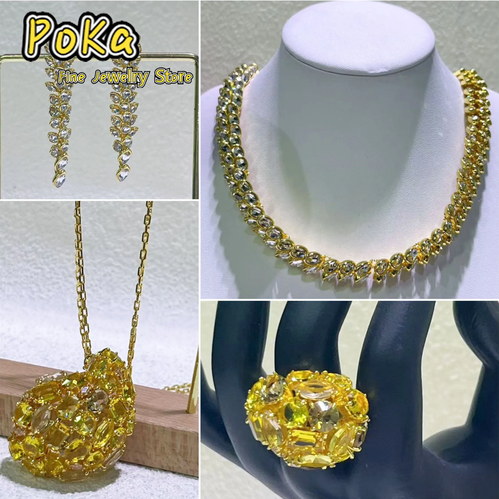 

Gold Candy Water Drop Crystal Luxury Necklace Earrings Anniversary Jewelry Flower Tassel Crystal Fashion Ring Gift for Women