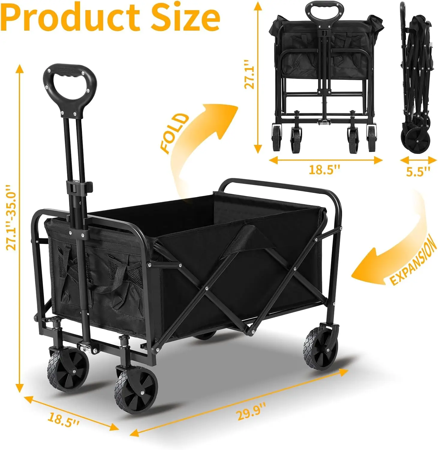 عربة عربة قابلة للطي ذات سعة كبيرة مع تصميم عالي التحمل للشاطئ والتخييم والتسوق - لمسة نهائية سوداء غير لامعة