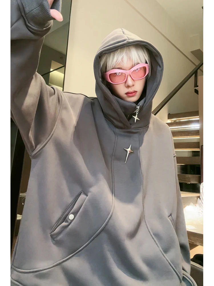 

Мужская толстовка на молнии с высоким воротником и флисовой подкладкой для весны и осени, в стиле хип-хоп, повседневная, удобная, свободного кроя