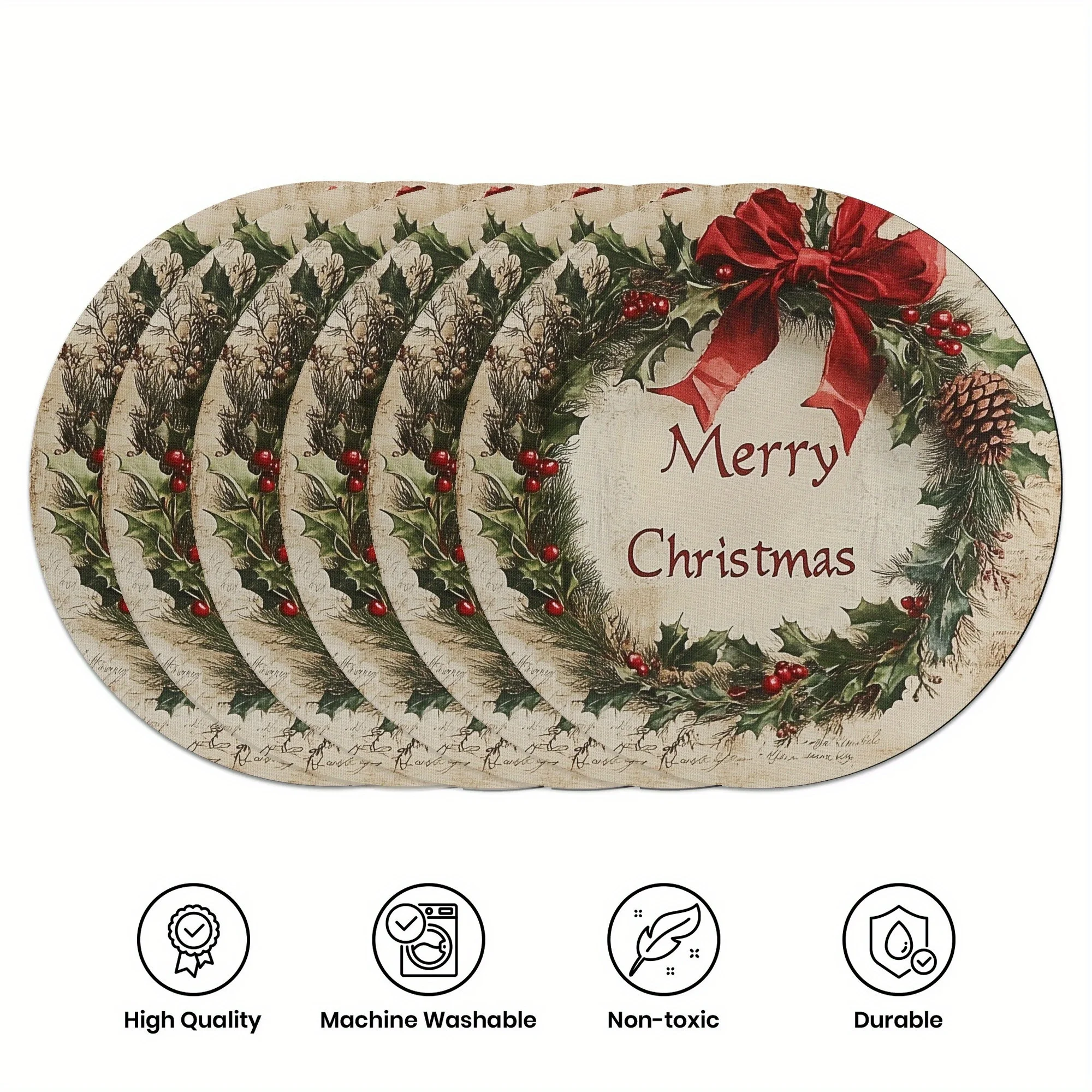 VIKAMA 6PC Weihnachtskranz Mahlzeitmatte Rote Schleife Beerentisch Weihnachtsfeier Restaurant Dekoration