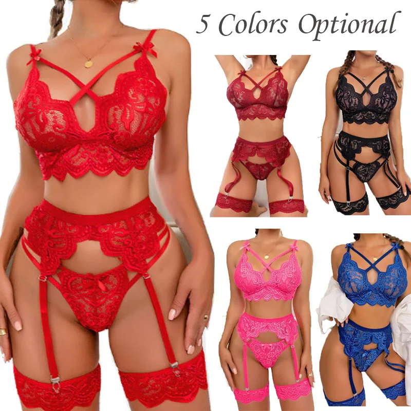 

Women's Sexy Lingerie Set Erotic Lace Underwear Bra Panty and Garters 3pcs Set Sexy Hollow Out Lingerie Thongs Baby doll Costume