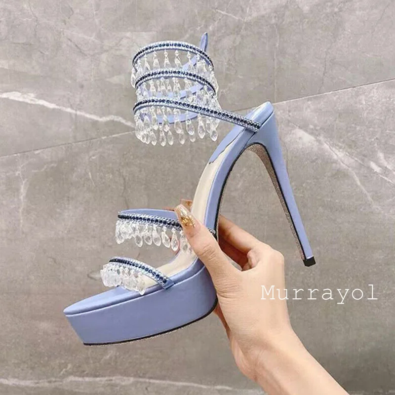 Tassels Decor Waterproof Platform Sandalias Women Crystal Design Snake Shaped Elastic Strap Sandals Summer Dress Shoes Pumps