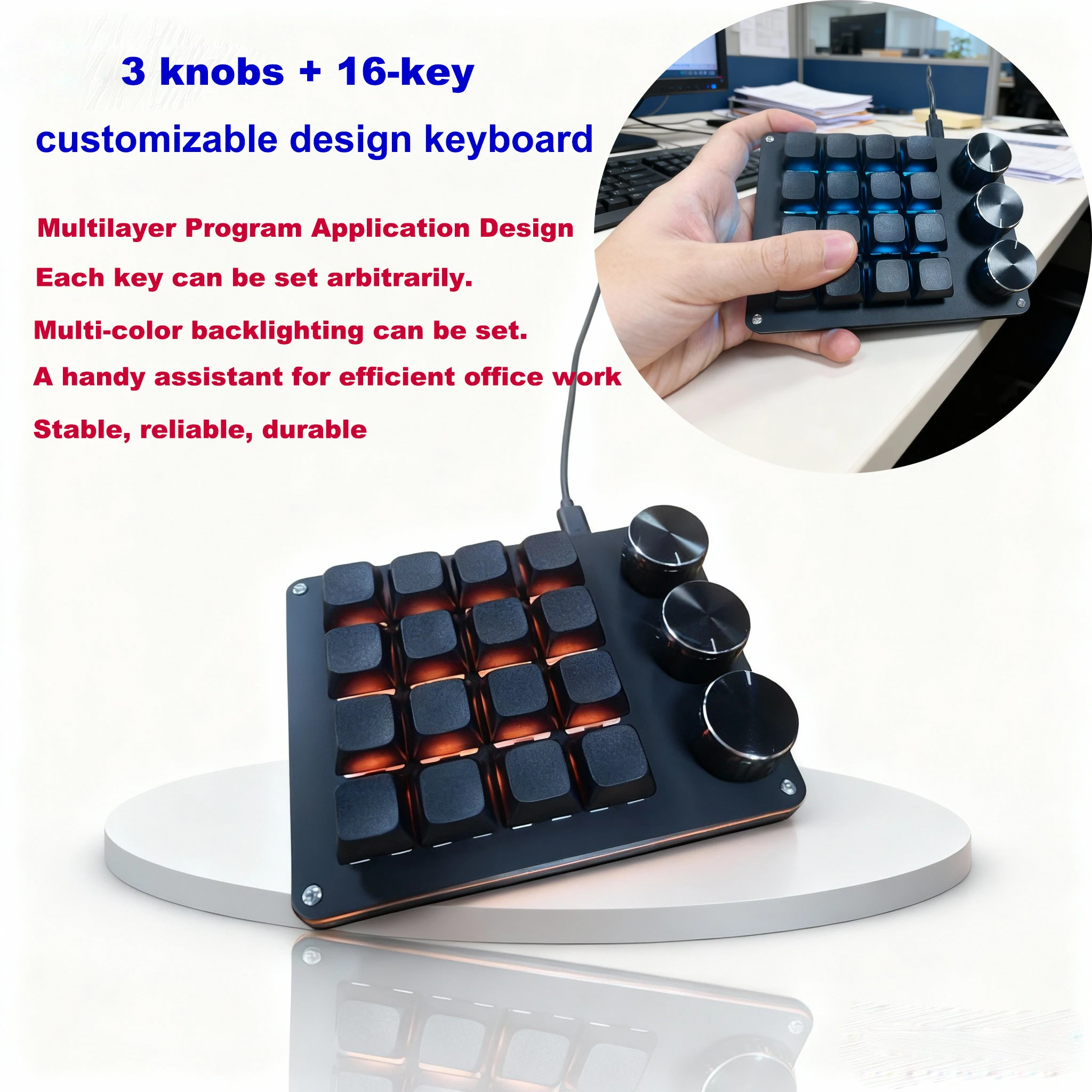 

Customizable Mini Keyboard with 3 Rotary Knobs + 16 Keys Multi-Layer Mode Office Design Media Entertainment Financial Work