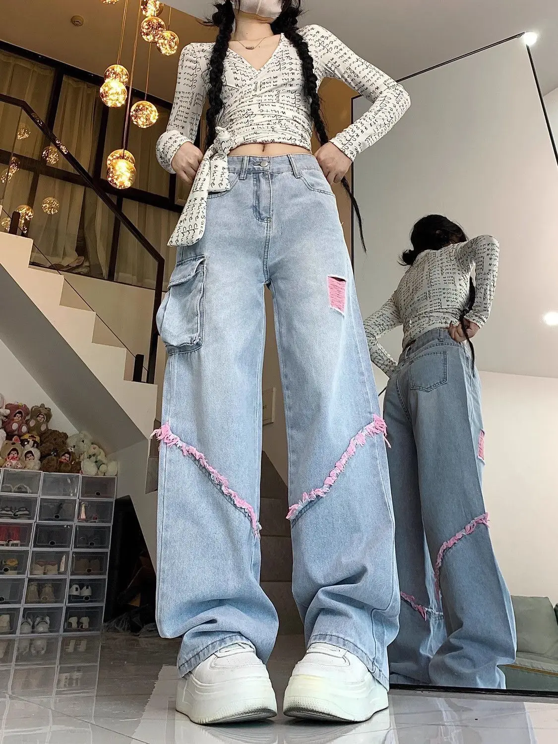 Jeans Hole High Waist Vintage Blue Women Worn-Out American Fashion Y2K Streetwear Wide Leg Jean Female Trouser Baggy Denim Pants