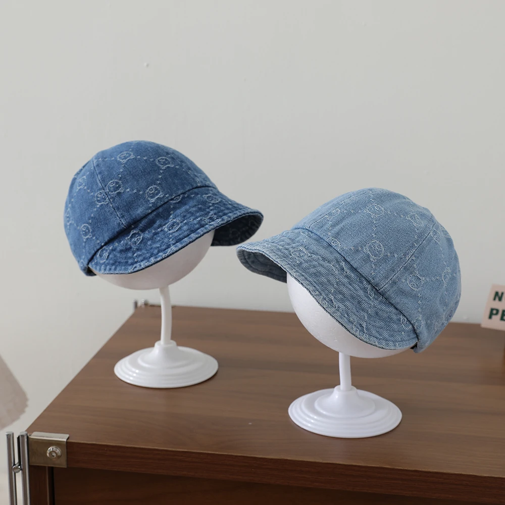Retro water-washed denim children's baseball cap with full pattern of small bear diamond jacquard soft brim fisherman hat view 5