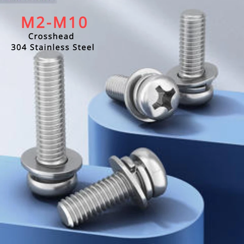 304 Stainless Steel Round Head Triple Combination Screws (With Washers/spring) Cross Recessed Pan Head Screws M2 - M10