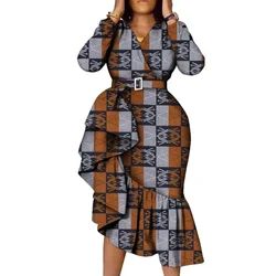 African Long Sleeve Women's Dress Wax Printed Kitenge Design Ruffle Irregular Hemline Dresses African Women Party Clothes WY676