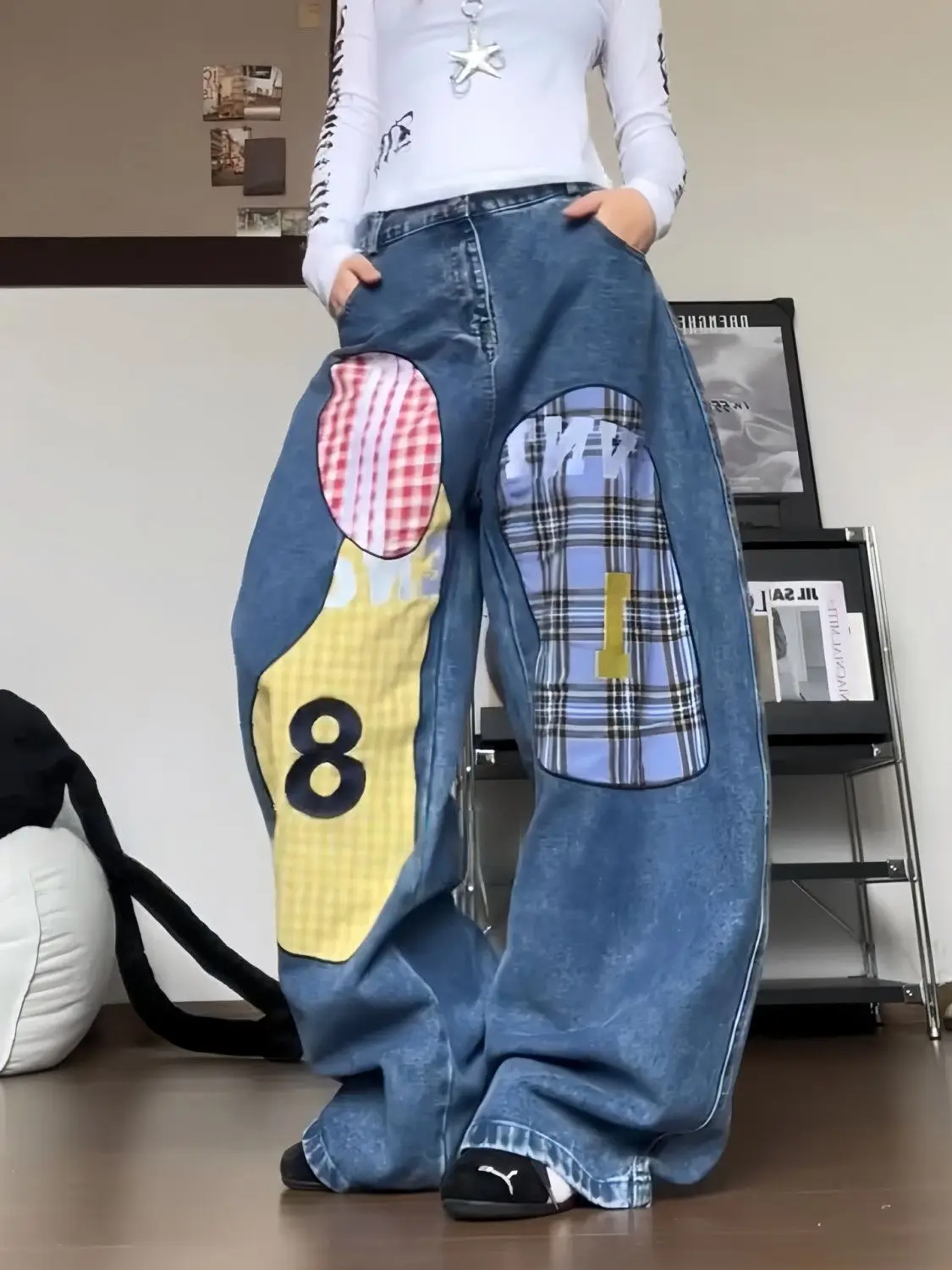 

American Retro Spice Girl Plaid Stitching Jeans Female 2025 Spring Autumn New Casual Joker Cartoon Contrast Wide-Leg Pants
