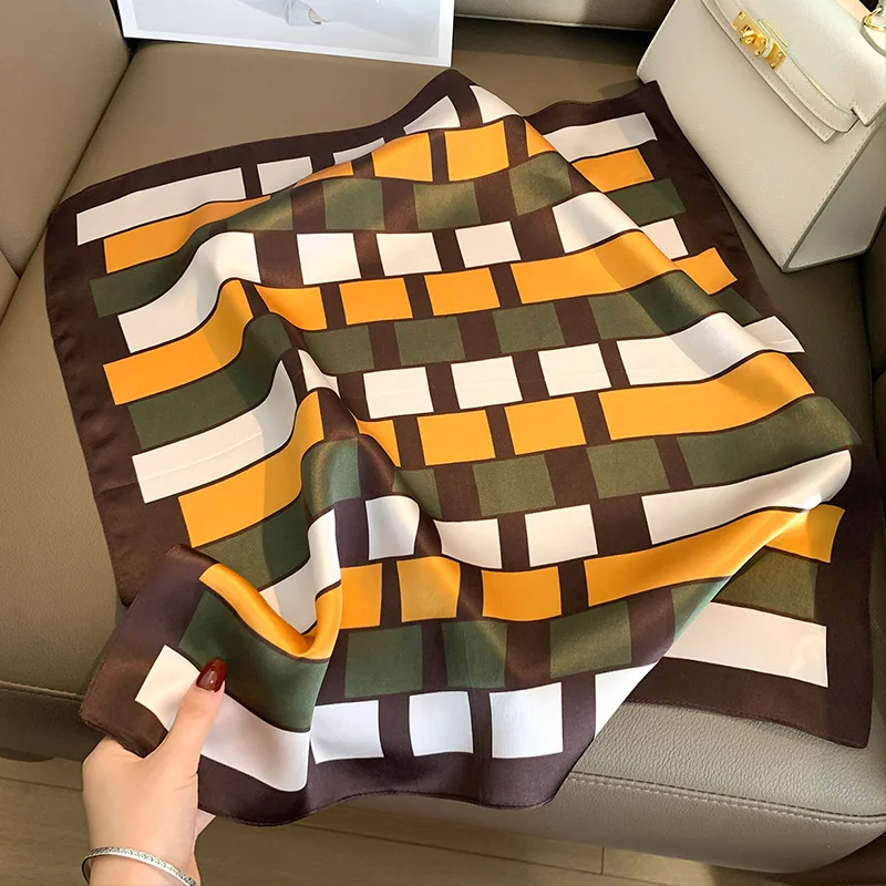 

New luxury 100% Mulberry Silk Striped Scarf Spring Autumn Square Bandana Neckerchief Women's Crepe de Chine Tie Bag Scarf