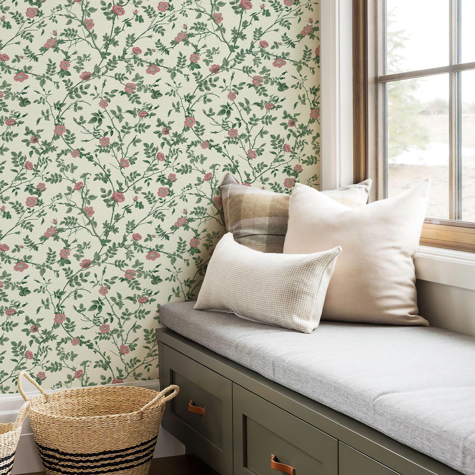 Green Floral Peel And Stick Wallpaper Retro Self Adhesive Waterproof Flower Wall Contact Paper Elegant Furniture Cabinet Sticker