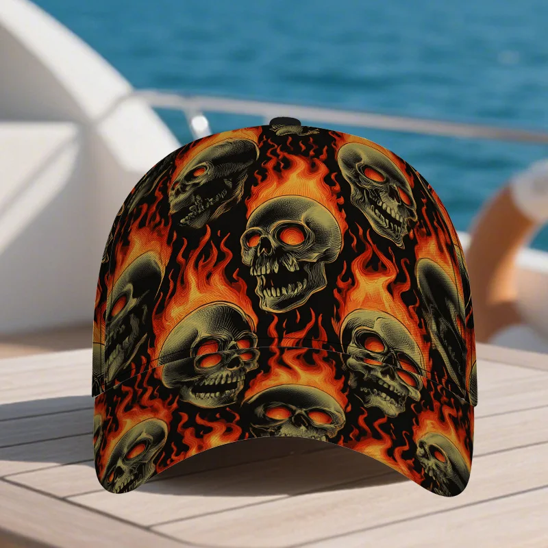 Flaming Skull Frenzy Print Baseball Cap Full-Body Vibrant Polyester Hat with Adjustable Snapback Ideal for Outdoor