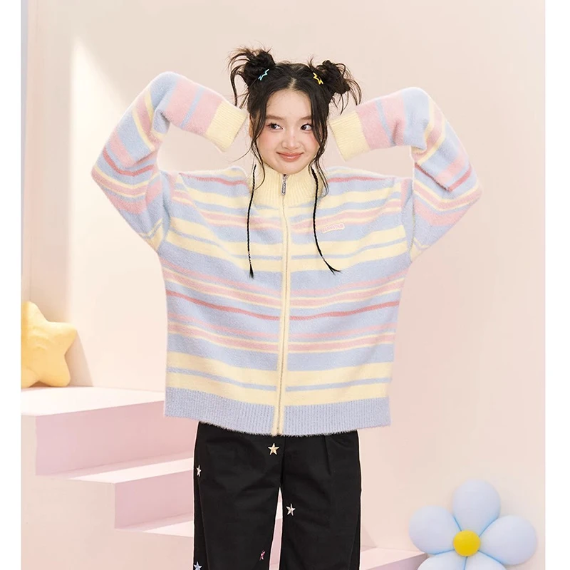 

Rainbow Color Striped Women Sweater Vintage Design Zipper Knitted Cardigan Stand Collar Autumn/Winter New