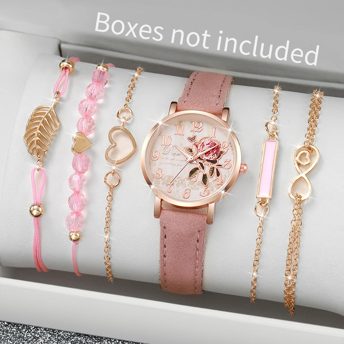 6pcs/set Women Fashion PU Leather Band Rose Dial Quartz Watch with Pink Bracelet Set (Box not included)