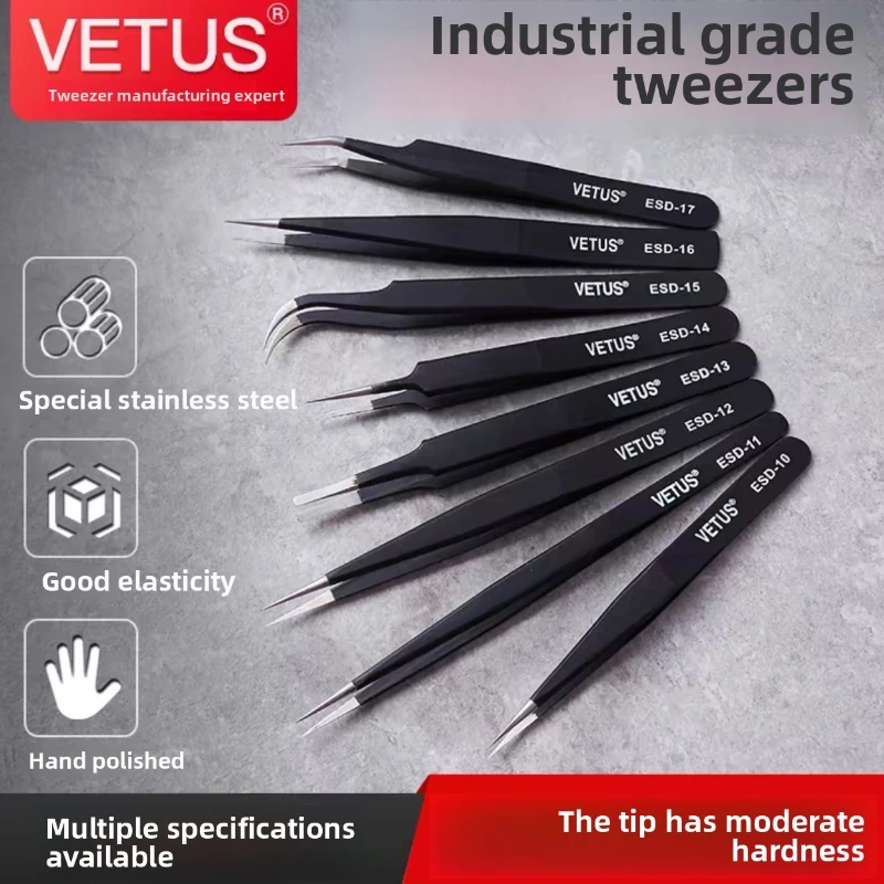 VETUS Anti-magnetic Acid-resistant Tweezers High Elastic Stainless Steel Pointed Tweezers Clamping Tool ESD Anti-static Series