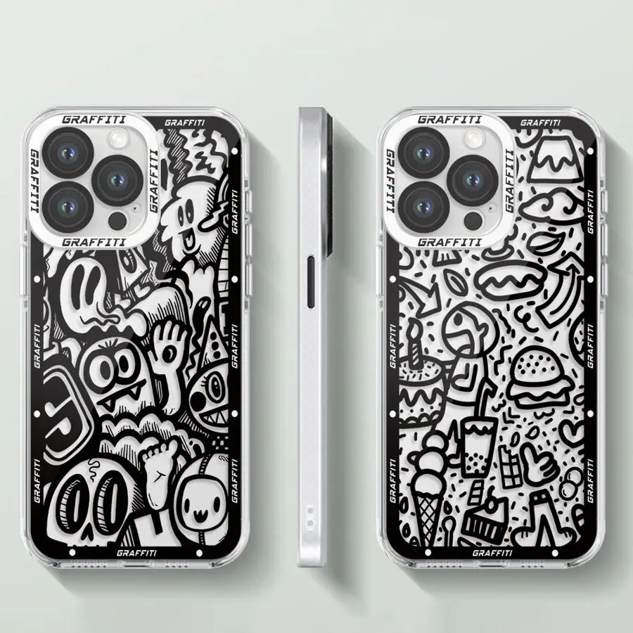 حافظة لهاتف آيفون 16e XR XS 13 12 11 Pro MAX 16 15 14 Plus 7 8 Graffiti باللون الأسود الفاخر