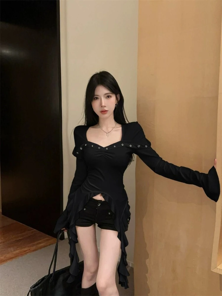 

French Style Pure Sexy Girl Square Neck Irregular Ruffle Slim Fit Long Sleeve T Shirt Top Women