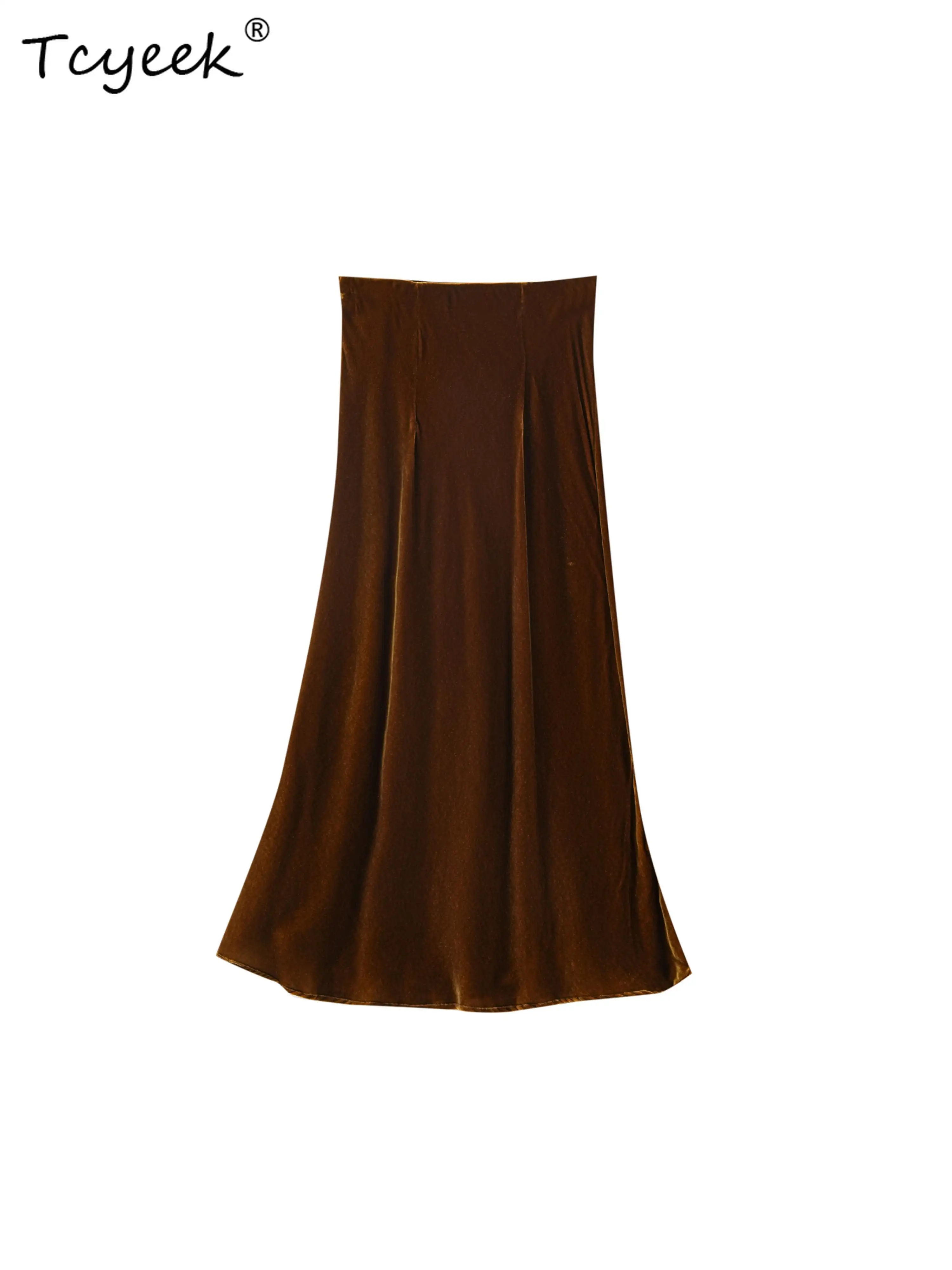 Tcyeek 100% seda amoreira real primavera outono elegante veludo envolto nádegas cauda de peixe cor sólida comprimento médio saia feminina mireト