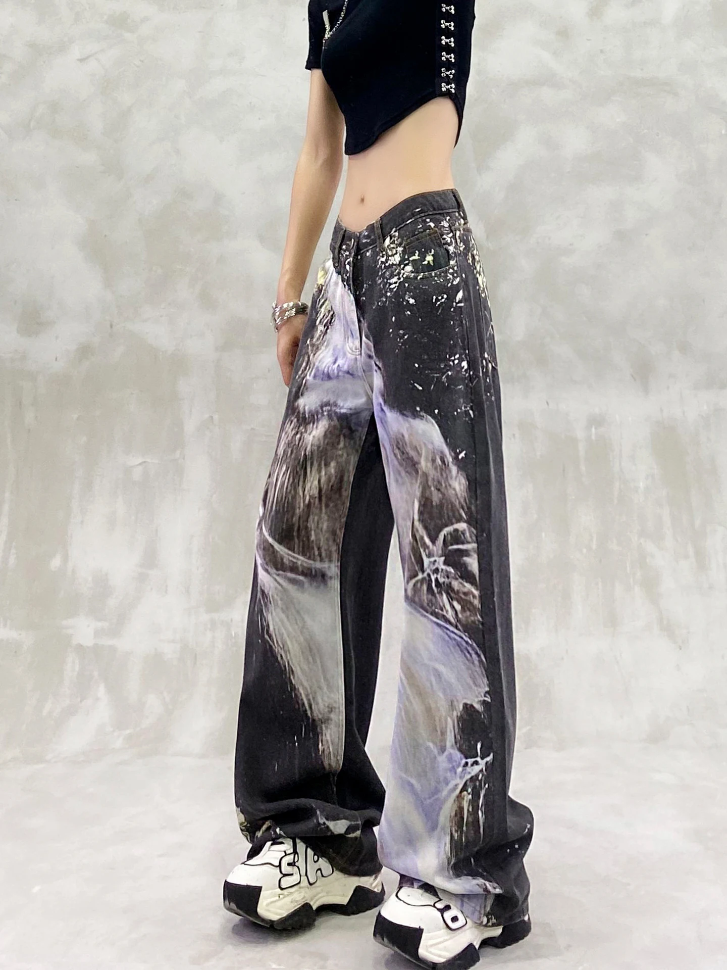 2025 Summer New Color Block Printed Design Washed Casual Jeans High Waist Loose Slimming Versatile Straight Wide Leg Pants