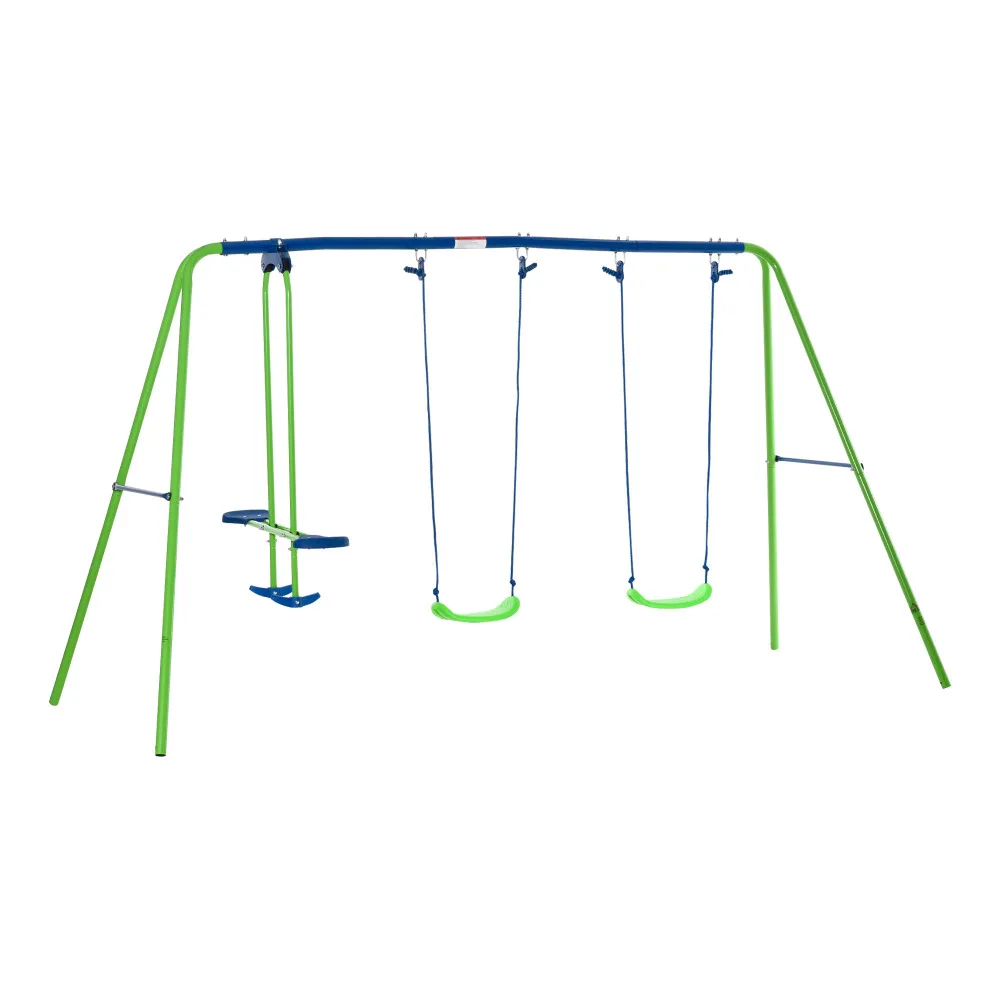 Metal Swing Set with Glider, Two Swing Seats and Adjustable Height, Outdoor Heavy Duty A-Frame Suitable for Playground, Backyard