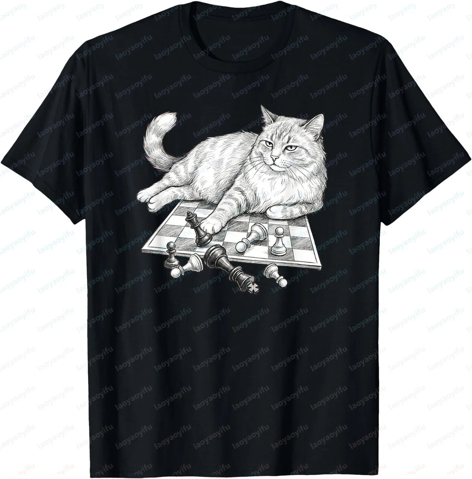 Funny Cat on Chessboard Knocking Over Pieces - International Chess Player T-Shirt - Short-Sleeved Patterned T-Shirt
