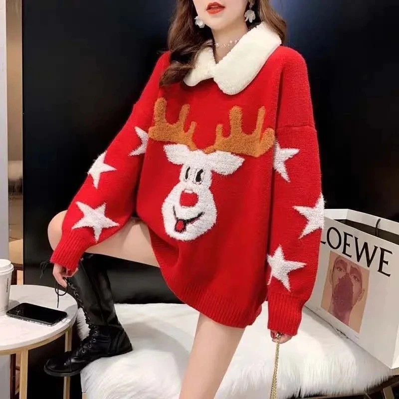 Sweater Lady Reindeer Christmas sweater 2023 Winter Woman pullover sweater Loose sweater Woman Winter