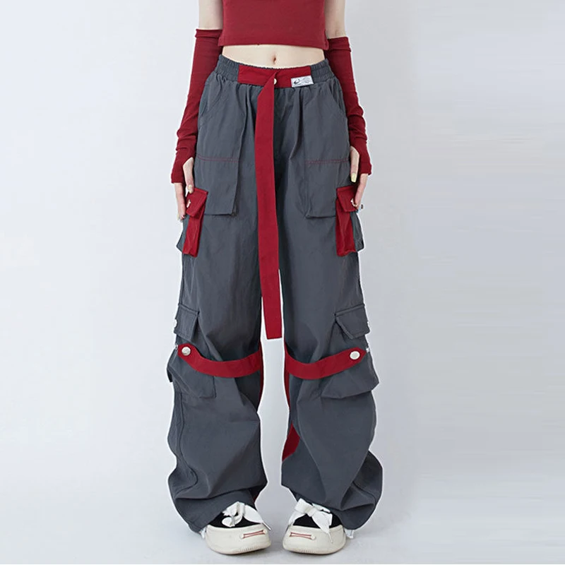 

New Women Summer Vintage Contrast Color Streetwear Hip Hop Baggy Cargo Pants Female High Waist Multi Pocket Harajuku Y2K Trouser