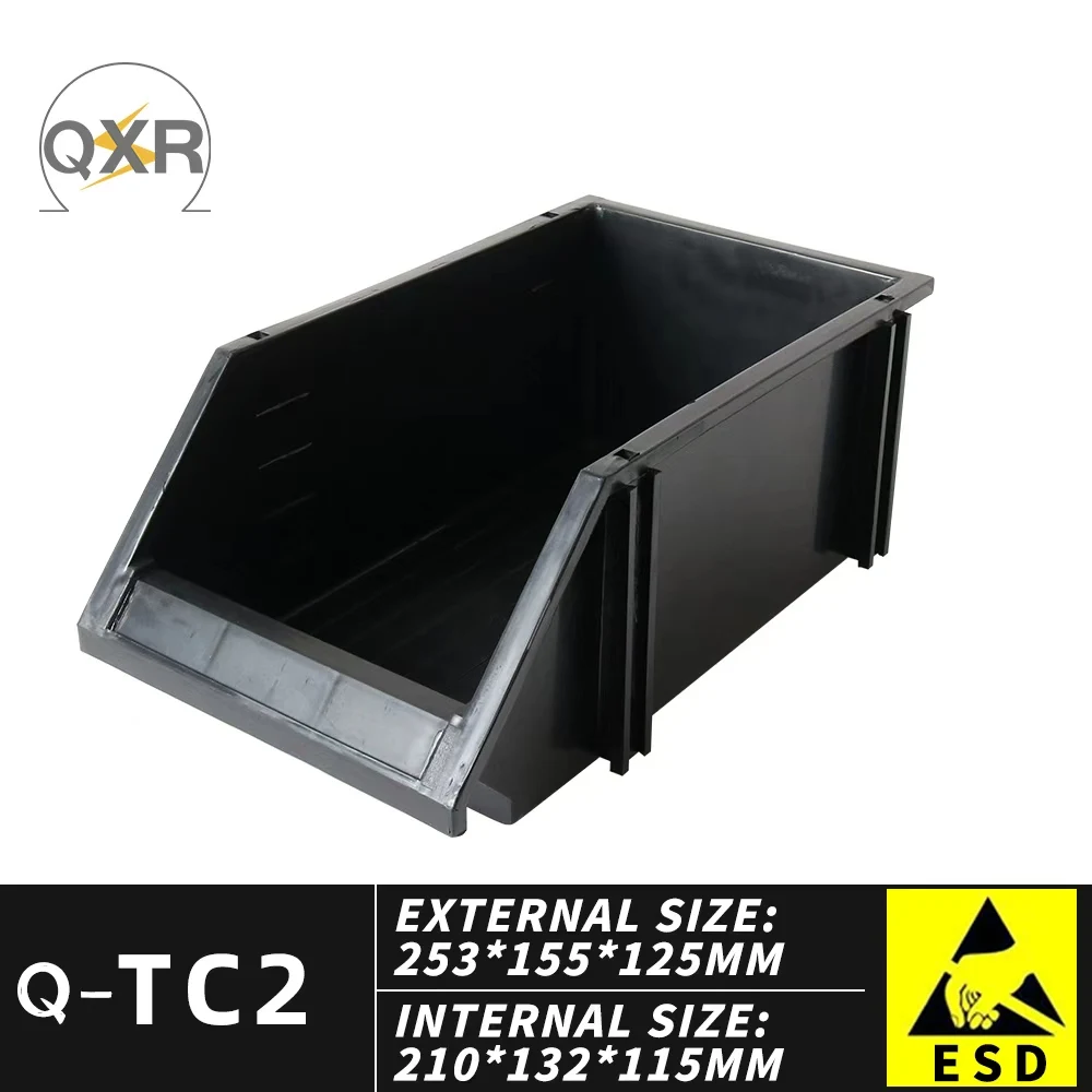 Q-TC2 ESD Skrzynka z krawędzią ukośną 253*155*125mm Kolumny można łączyć w górę, w dół, w lewo i w prawo Czarna przewodząca skrzynka do przechowywania