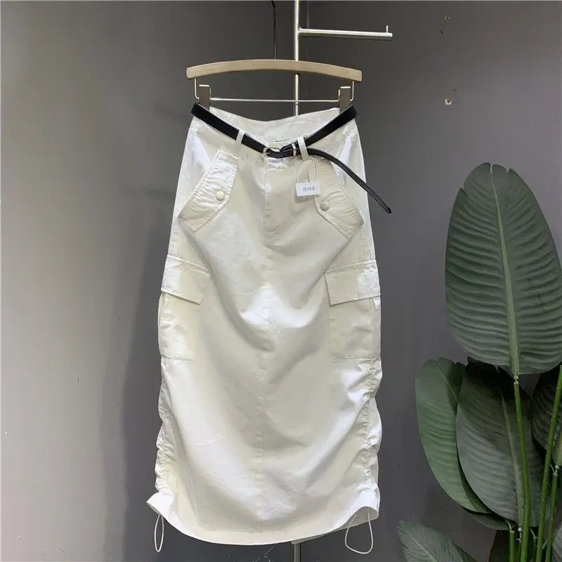 Design sense drawstring tooling skirt women's 2025 summer thin loose casual medium and long thin hip skirt