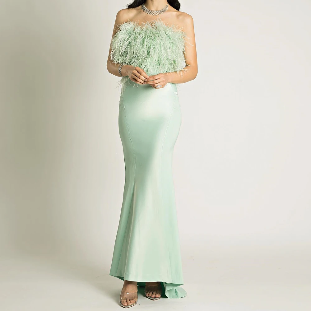 

Temperament Satin Mermaid Feathers Evening Dress Delicate Floor Length Strapless Sleeveless فساتين سهره نسائيه فخمة