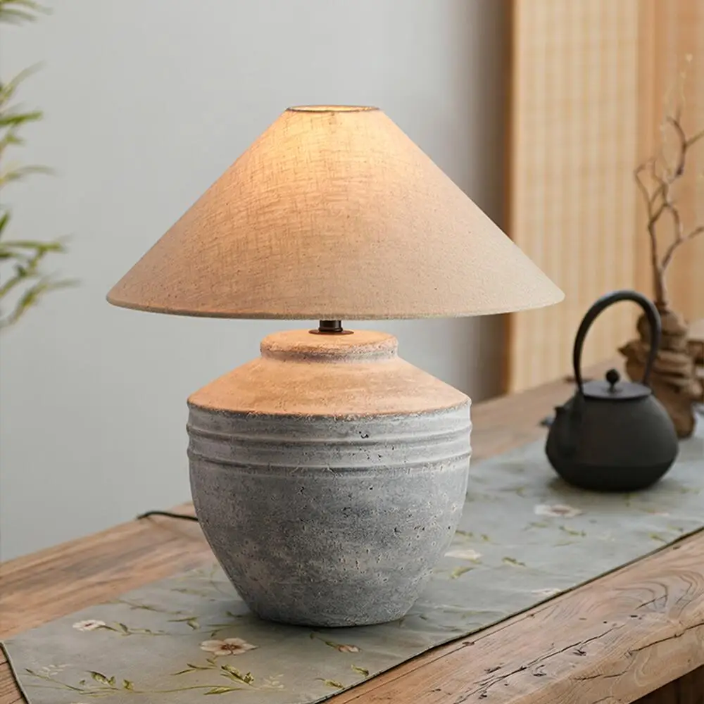 Wabi-sabi Ceramic Table Lamp, Large Desktop Decorative Lamp, Bedroom Decoration, Living Room Fabric Lamp Cover Light Fixture