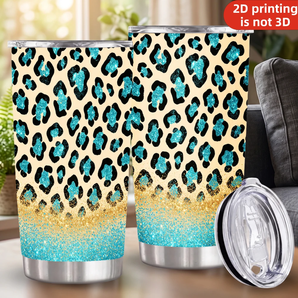 20oz Turquoise Gold Glitter Leopard Print Stainless Steel Tumbler with Lid and Straw, Tan Cheetah Spots Sparkle Gradient Vacuum Insulated Travel Coffee Mug Gifts