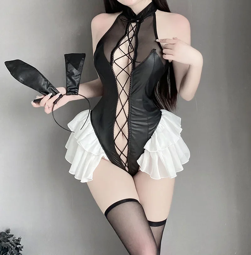 Sexy Lingerie Konijntje Meisje Bodysuit Open Kruis Pu Lederen Uniform Met Konijnenoor Ondergoed Pyjama Nachtclub Kleding Vrouwen Meisjes