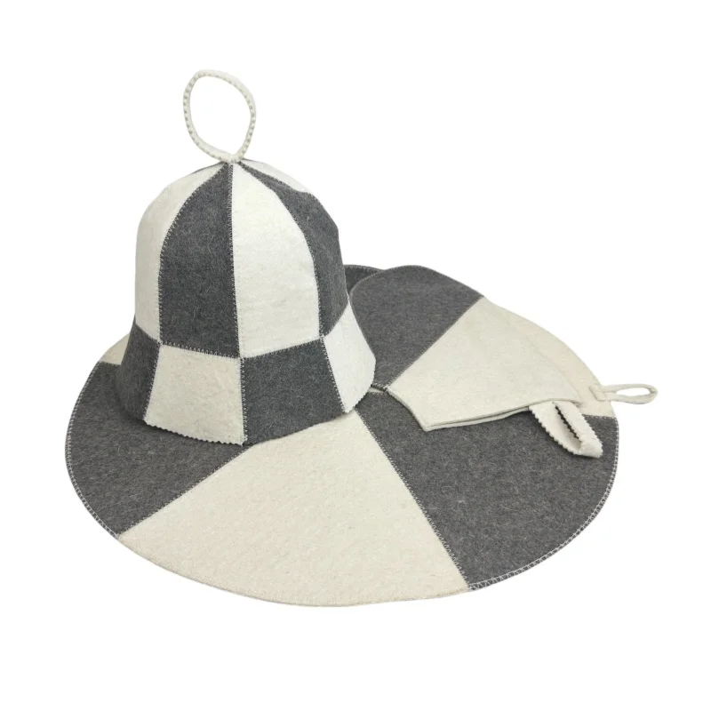 3 PCS Wool Felt Sauna Hats Set for Russian Banya Wool Glove and cushion for Sauna Steam Room Grey