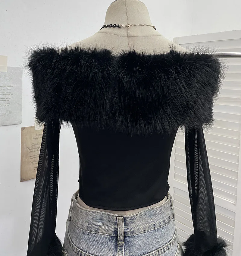 เสื้อยืดแขนยาวผ้าตาข่ายเปิดไหล่สไตล์เซ็กซี่สำหรับผู้หญิง เสื้อครอปสั้นสไตล์ Y2K แนวสาวเปรี้ยว