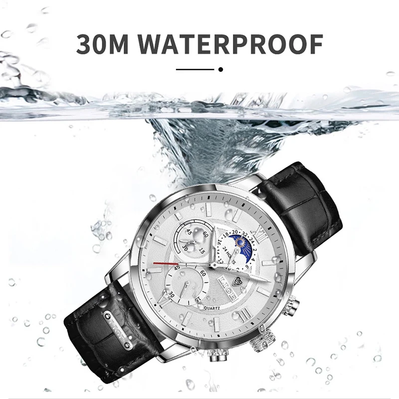 LIGE Top Brand Luxury Men Watches Fashion Watch Leather Waterproof Chronograph Quartz Man Wristwatch Clock Relogio Masculino+Box