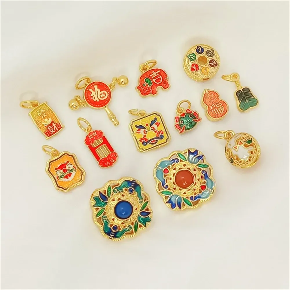 

Позолоченный 18-каратный синий перегородчатый ажурный шар "Фу" персонаж благоприятный знак колокольчик кулон DIY вручную с браслетом