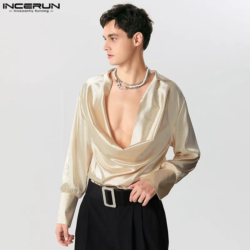 INCERUN Tops 2024 American Style New Men's Fashionable Satin V-neck Shirts Casual Streetwear Male Solid Long Seeved Blouse S-5XL