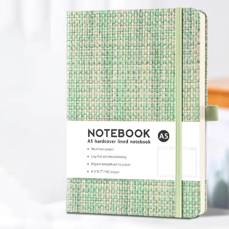 A5 Notebook Imitation Linen Hard Cover With Elastic Band 192 Pages Lined Paper Student Diary Planner Cute Stationery - view 2