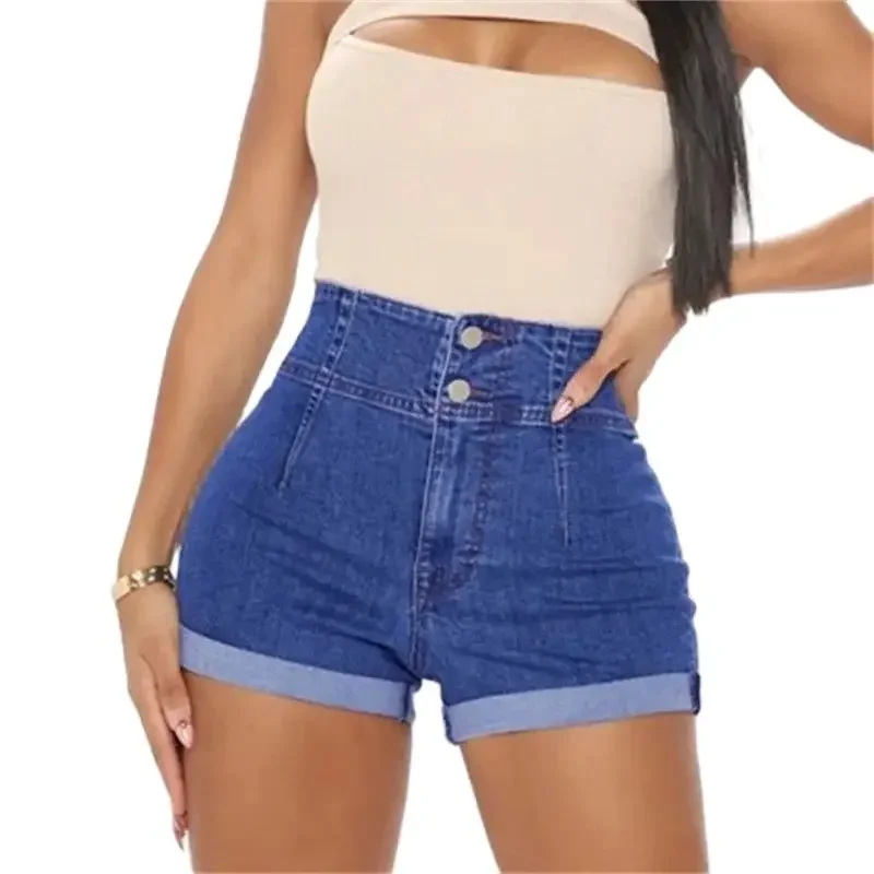 Summer Women Double Button Patchwork High Waist Straight Denim Shorts Washable Three Quarter Pants Female Back Pocket Mini Jeans