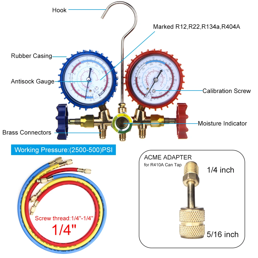 Refrigerant Manifold Gauge Air Condition Refrigeration Set Air Conditioning Tools with Hose and Hook For R404A R410A R22 R134A